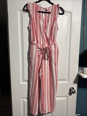 Old Navy Striped Jumpsuit Small Linen Blend Red & White Tie Waist